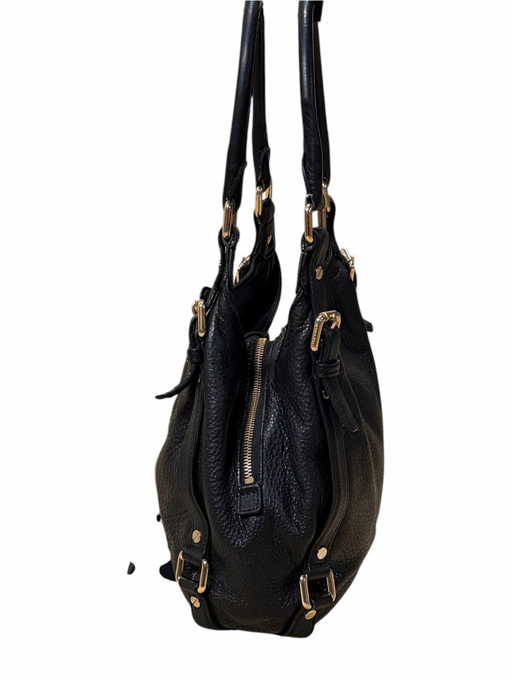 Michael Kors Black Pebbled Leather Shoulder Bag Gold Hardware Hobo Purse - Picture 3 of 14